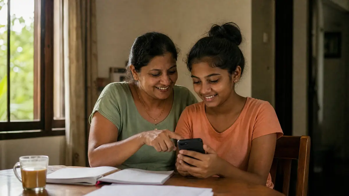 A mother and her daughter reading a book together on a phone